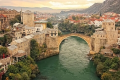 Town of Mostar and Stari Most at sunset, Bosnia and Hercegovina